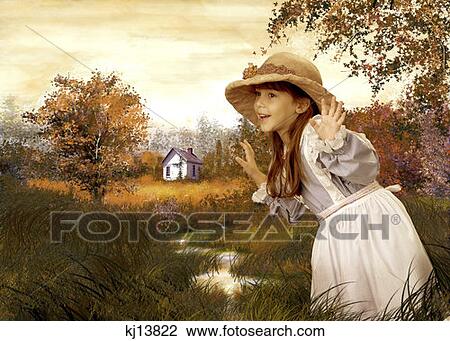 Girl Wearing Old Fashioned Blue Gingham Dress Apron And Straw Hat With Flowers Posing Hands Up By Pond In Autumn Meadow View Large Photo Image Stock Image - Girl Wearing Old Fashioned Blue Gingham Dress Apron And Straw Hat With Flowers Posing Hands Up By Pond In Autumn Meadow . Fotosearch