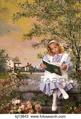 Stock Image - Girl Wearing Old Fashioned Blue Gingham Dress With Apron Sitting On Stone Wall In Garden Reading Book . Fotosearch