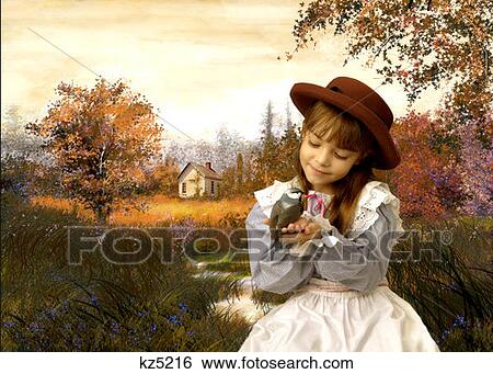 Stock Photograph - Girl Wearing Old Fashioned Blue Gingham Dress With Apron And Hat Holding Bird In Hand By Pond In Meadow . Fotosearch