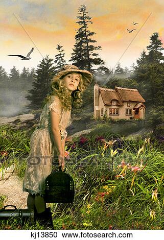 Stock Image - Girl Wearing Old Fashioned Lace Dress And Straw Hat Holding Trunk Suitcase Standing Near Cottage Painted Background . Fotosearch