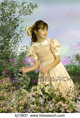 Girl Wearing Old Fashioned Pink Smocked Dress And Bow In Hair Watering Flowers In Garden Painted Background  View Large Photo Image Stock Photo - Girl Wearing Old Fashioned Pink Smocked Dress And Bow In Hair Watering Flowers In Garden Painted Background . Fotosearch