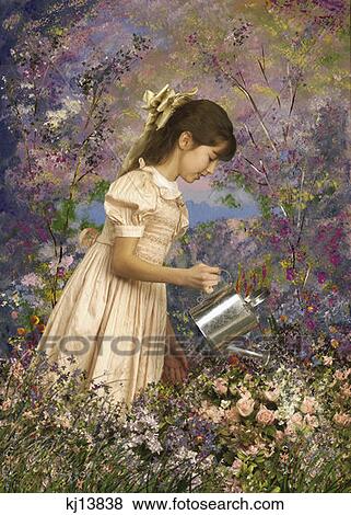 Girl Wearing Old Fashioned Pink Smocked Dress And Bow In Hair Watering Flowers In Garden Painted Background View Large Photo Image Stock Photo - Girl Wearing Old Fashioned Pink Smocked Dress And Bow In Hair Watering Flowers In Garden Painted Background . Fotosearch