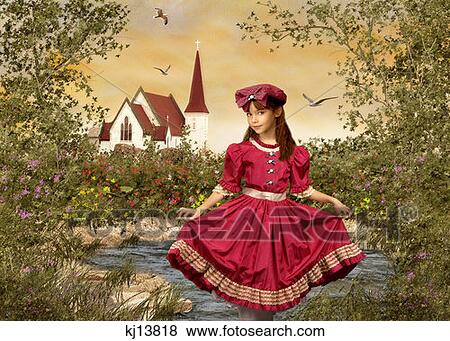 Girl Wearing Old Fashioned Red Dress And Cap Holding Skirt Standing By Garden Pond And Church Painted Background View Large Photo Image Stock Photo - Girl Wearing Old Fashioned Red Dress And Cap Holding Skirt Standing By Garden Pond And Church Painted Background . Fotosearch