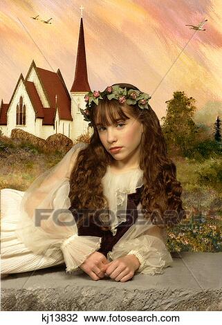 Stock Image - Girl Wearing Old Fashioned White Dress And Vest With Wreath Of Flowers In Hair Reclining On Ledge Near Church . Fotosearch