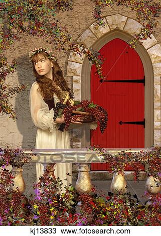 Girl Wearing Old Fashioned White Dress And Vest With Wreath Of Flowers In Hair Holding Bunces Of Grapes By Arched Door View Large Photo Image Stock Image - Girl Wearing Old Fashioned White Dress And Vest With Wreath Of Flowers In Hair Holding Bunces Of Grapes By Arched Door . Fotosearch