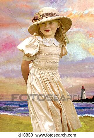 Girl Wearing Old Fashioned White Smocked Dress And Hat With Flowers Standing On Beach Painted Background View Large Photo Image Stock Image - Girl Wearing Old Fashioned White Smocked Dress And Hat With Flowers Standing On Beach Painted Background . Fotosearch