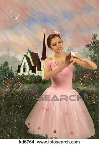 Picture - Girl Wearing Pink Ballet Costume With Flower In Hair Petting Dove In Hand Painted Background Church And Garden . Fotosearch