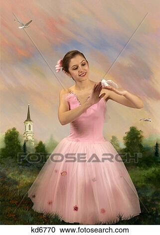 Girl Wearing Pink Ballet Costume With Flower In Hair Petting Dove In Hand Paitned Background Church And Woods View Large Photo Image Stock Image - Girl Wearing Pink Ballet Costume With Flower In Hair Petting Dove In Hand Paitned Background Church And Woods . Fotosearch