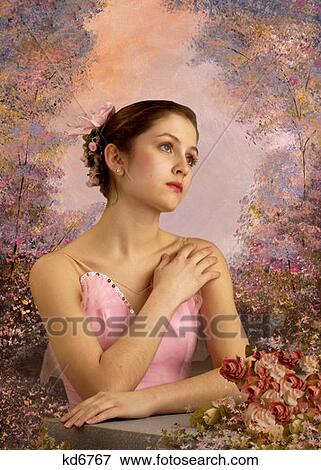 Stock Photo - Girl Wearing Pink Ballet Costume With Flowers In Hair Standing By Ledge In Garden Painted Background . Fotosearch