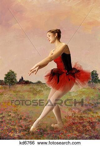 Stock Photograph - Girl Wearing Red And Black Ballet Costume Posing In Meadow Painted Background . Fotosearch
