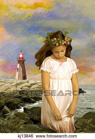Girl Wearing Ruffled Dress And Wreath Of Flowers In Hair Looking Down Standing On Rocky Beach Shore Painted Background View Large Photo Image Stock Photograph - Girl Wearing Ruffled Dress And Wreath Of Flowers In Hair Looking Down Standing On Rocky Beach Shore Painted Background . Fotosearch