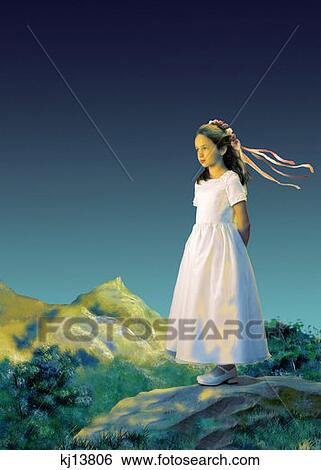Girl Wearing White Dress And Wreath Of Flowers And Ribbons In Hair Standing On Rock Painted Background View Large Photo Image Stock Photograph - Girl Wearing White Dress And Wreath Of Flowers And Ribbons In Hair Standing On Rock Painted Background . Fotosearch