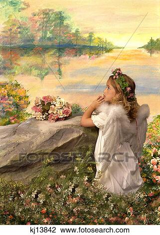 Stock Image - Girl Wearing White Dress With Angel Wings And Wreath Of Flowers And Ribbons In Hair Praying By Rock In Garden . Fotosearch