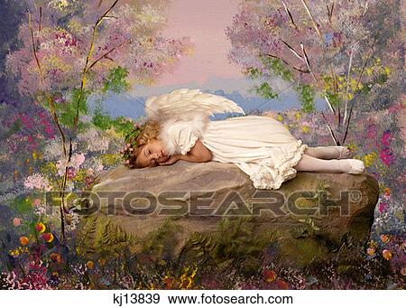 Girl Wearing White Dress With Angel Wings And Flowers In Hair Sleeping On Rock In Garden Painted Background View Large Photo Image Stock Photo - Girl Wearing White Dress With Angel Wings And Flowers In Hair Sleeping On Rock In Garden Painted Background . Fotosearch