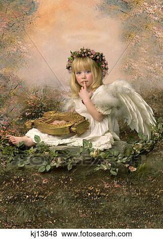 Girl Wearing White Dress With Angel Wings And Wreath Of Flowers In Hair Holding Golden Harp On Rock In Woods View Large Photo Image Stock Photo - Girl Wearing White Dress With Angel Wings And Wreath Of Flowers In Hair Holding Golden Harp On Rock In Woods . Fotosearch