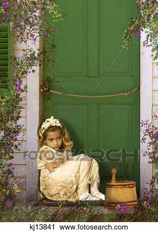 Girl Wearing White Lace Dress And Flowers In Hair Sitting On Doorstep Vines On Wall Painted Background View Large Photo Image Stock Image - Girl Wearing White Lace Dress And Flowers In Hair Sitting On Doorstep Vines On Wall Painted Background . Fotosearch