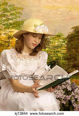 Girl Wearing White Lace Dress And Straw Hat With Flowers Reading Book In Garden Painted Background View Large Photo Image Picture - Girl Wearing White Lace Dress And Straw Hat With Flowers Reading Book In Garden Painted Background . Fotosearch