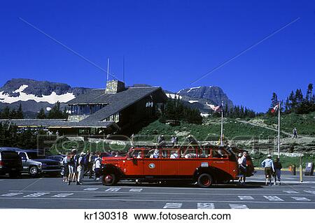 Stock Photo - Glacier Np Mt Tour Bus And Passengers At Logan Pass Visitor Center . Fotosearch