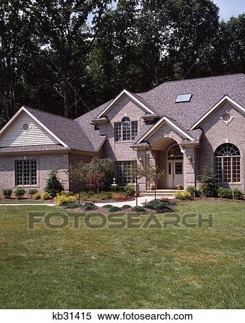 Grey Brick House With Landscaped Lawn View Large Photo Image Stock Photography - Grey Brick House With Landscaped Lawn. Fotosearch