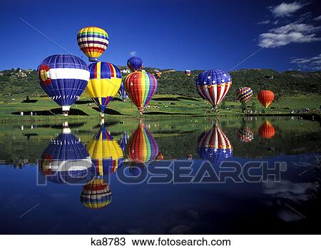 Hot Air Balloons Reflected In Lake Snowmass Co View Large Photo Image Stock Image - Hot Air Balloons Reflected In Lake Snowmass Co . Fotosearch