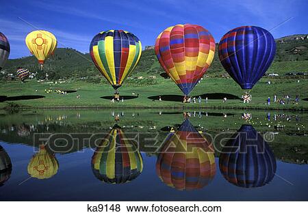 Hot Air Balloons With Water Reflection Snowmass, Colorado View Large Photo Image Stock Photo - Hot Air Balloons With Water Reflection Snowmass, Colorado. Fotosearch