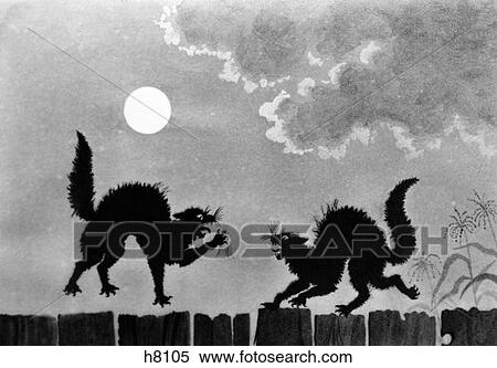 Stock Photography - Illustration Two Black Cats On Fence Under Moon Fighting. Fotosearch
