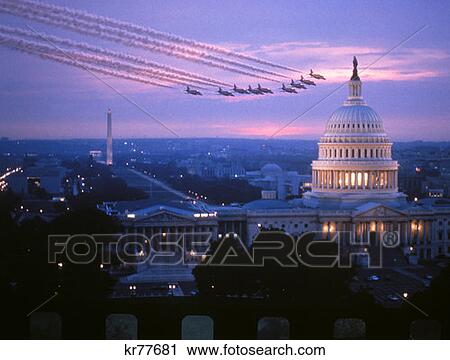 Stock Image - Jet Aircraft Formation Flying Over The Mall And Monuments Washington Dc . Fotosearch