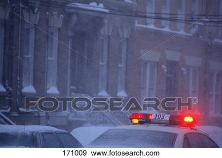 Light On Top Of Police Car In The Snow View Large Photo Image Stock Photo - Light On Top Of Police Car In The Snow. Fotosearch