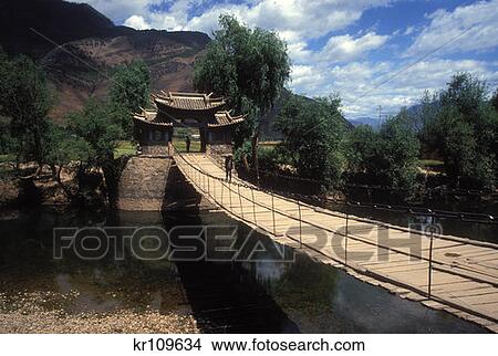 Picture - Lijiang China Yunnan Province On Yangtze River Suspension Bridge . Fotosearch