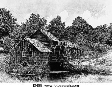 Line Tone Of Old Mill With Boy In Straw Hat & Overalls Fishing In Stream Next To It View Large Photo Image Stock Photo - Line Tone Of Old Mill With Boy In Straw Hat & Overalls Fishing In Stream Next To It . Fotosearch