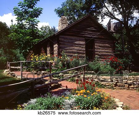 Stock Photography - Log Cabin Historic Shake Rag Alley Mineral Point Wisconsin . Fotosearch