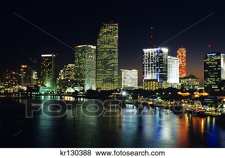 Stock Photo - Miami Florida Downtown Skyline At Night . Fotosearch