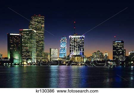 Stock Photograph - Miami Florida Downtown Skyline At Night . Fotosearch