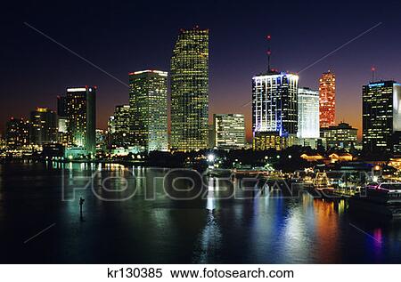 Miami Florida Downtown Skyline At Night View Large Photo Image Stock Photography - Miami Florida Downtown Skyline At Night . Fotosearch
