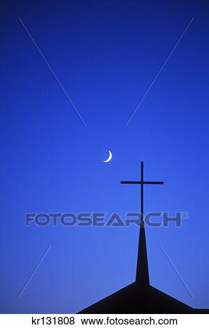 Moonrise Moon Steeple Church Cross Night Religious  View Large Photo Image Stock Photo - Moonrise Moon Steeple Church Cross Night Religious . Fotosearch