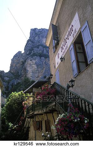 Stock Photograph - Moustiers Ste Marie Alpes De Haute Provence France Restaurants In Village . Fotosearch