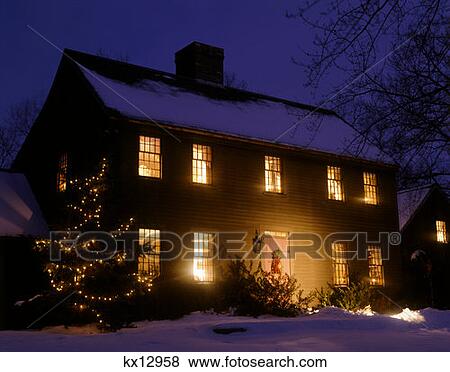 New England Home Decorated For Christmas View Large Photo Image Stock Photo - New England Home Decorated For Christmas . Fotosearch