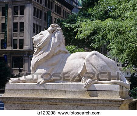 Stock Photo - New York Ny Lion Sculpture At New York Public Library . Fotosearch