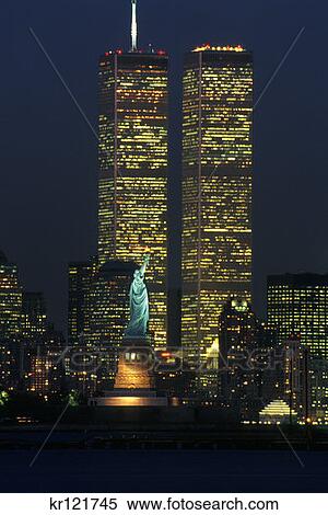 New York, Ny Statue Of Liberty At Night, Twin Towers Of World Trade Center In Background View Large Photo Image Stock Photography - New York, Ny Statue Of Liberty At Night, Twin Towers Of World Trade Center In Background. Fotosearch