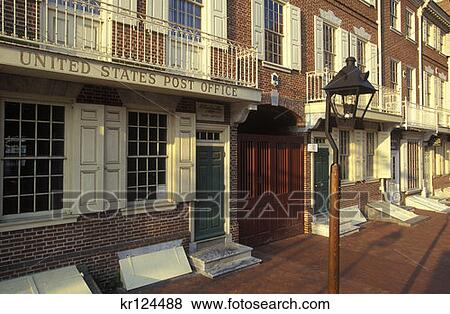 Stock Photo - Philadelphia Pa Post Office And Houses On Market Street Built By Ben Franklin Franklin Court . Fotosearch