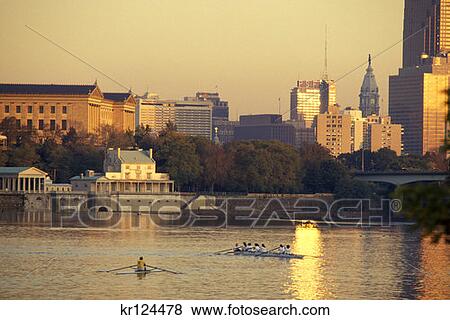 Stock Photo - Philadelphia Pa Rowing Team On Schuylkill River By Philadelphia Art Museum At Sunset . Fotosearch