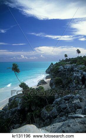 Stock Photograph - Rocky Cliffs On Beach Tulum, Mexico Yucatan. Fotosearch