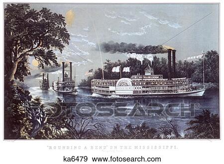 Rounding A Bend On Mississippi River Parting Salute Paddle Wheel Steamboats currier & ives ™ ™ Lithograph 1866 View Large Photo Image Stock Photo - Rounding A Bend On Mississippi River Parting Salute Paddle Wheel Steamboats currier & ives ™ ™ Lithograph 1866. Fotosearch