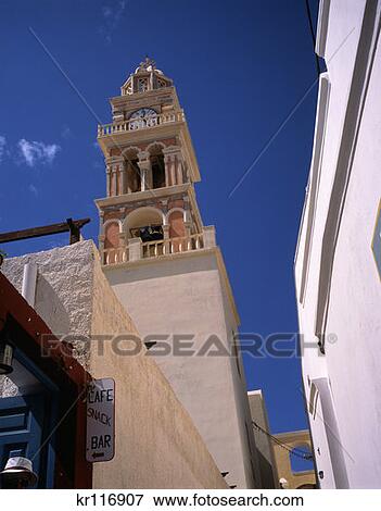 Santorini Greece Church Clock Tower By Cafe View Large Photo Image Stock Photo - Santorini Greece Church Clock Tower By Cafe . Fotosearch