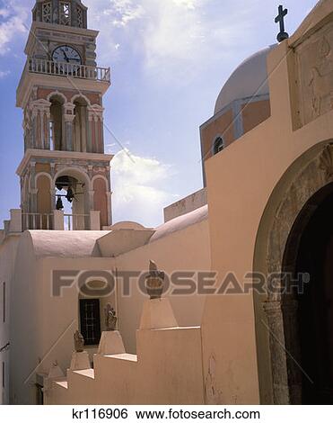 Stock Photograph - Santorini Greece Church Clock Tower . Fotosearch
