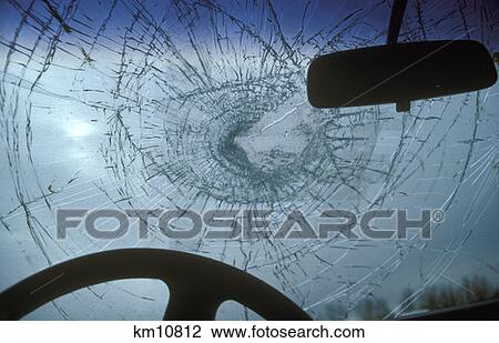 Stock Image - Shattered Windshield Driver Head Impact No Seat Belt . Fotosearch