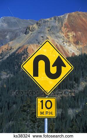 Picture - Silverton Co Switchback Turn Road Sign Red Mountain Pass . Fotosearch
