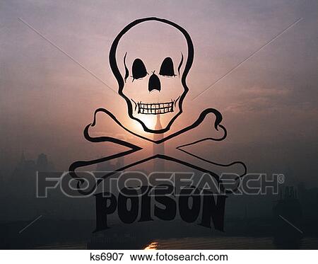 Stock Photo - Skull And Crossbones Poison Over Top Of Smog City Skyline Air Ozone. Fotosearch