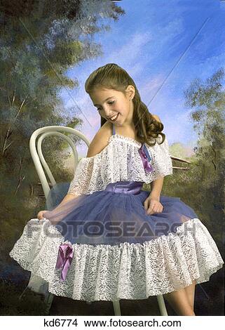 Smiling Girl Wearing Blue And White Lace Ballet Dress Costume Sitting On Chair In Woods Painted Background View Large Photo Image Picture - Smiling Girl Wearing Blue And White Lace Ballet Dress Costume Sitting On Chair In Woods Painted Background . Fotosearch