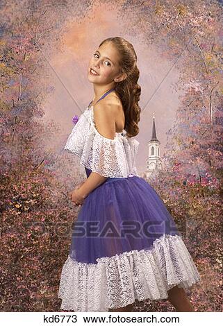 Smiling Girl Wearing Blue And White Lace Ballet Dress Costume Posing In Garden Painted Background View Large Photo Image Stock Image - Smiling Girl Wearing Blue And White Lace Ballet Dress Costume Posing In Garden Painted Background . Fotosearch